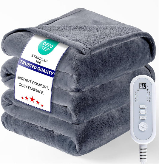 Electric Blanket Heated Twin Size-62" x 84" Heated Blanket with 8 Heat Levels & 10 Hours Auto Off, Fast Heating Flannel Blankets Machine Washable with ETL & FCC Certified, Light Grey