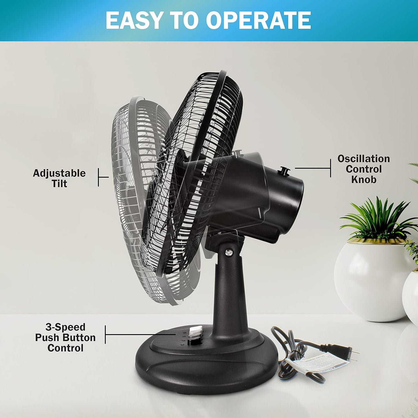 Comfort Zone Oscillating Table Fan with Adjustable Tilt, Convenient Push Button Controls, Quiet, 12 inch, 3 Speed, Desk Fan, Airflow 7.25 ft/sec, Ideal for Home, Bedroom, Dorm & Office, CZ121BK