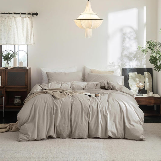 FOSSA Duvet Cover Set 100% Washed Cotton Linen Feel Super Soft Breathable Cozy 3 Pieces Bedding Sets Solid Cream Grey Super King Plus