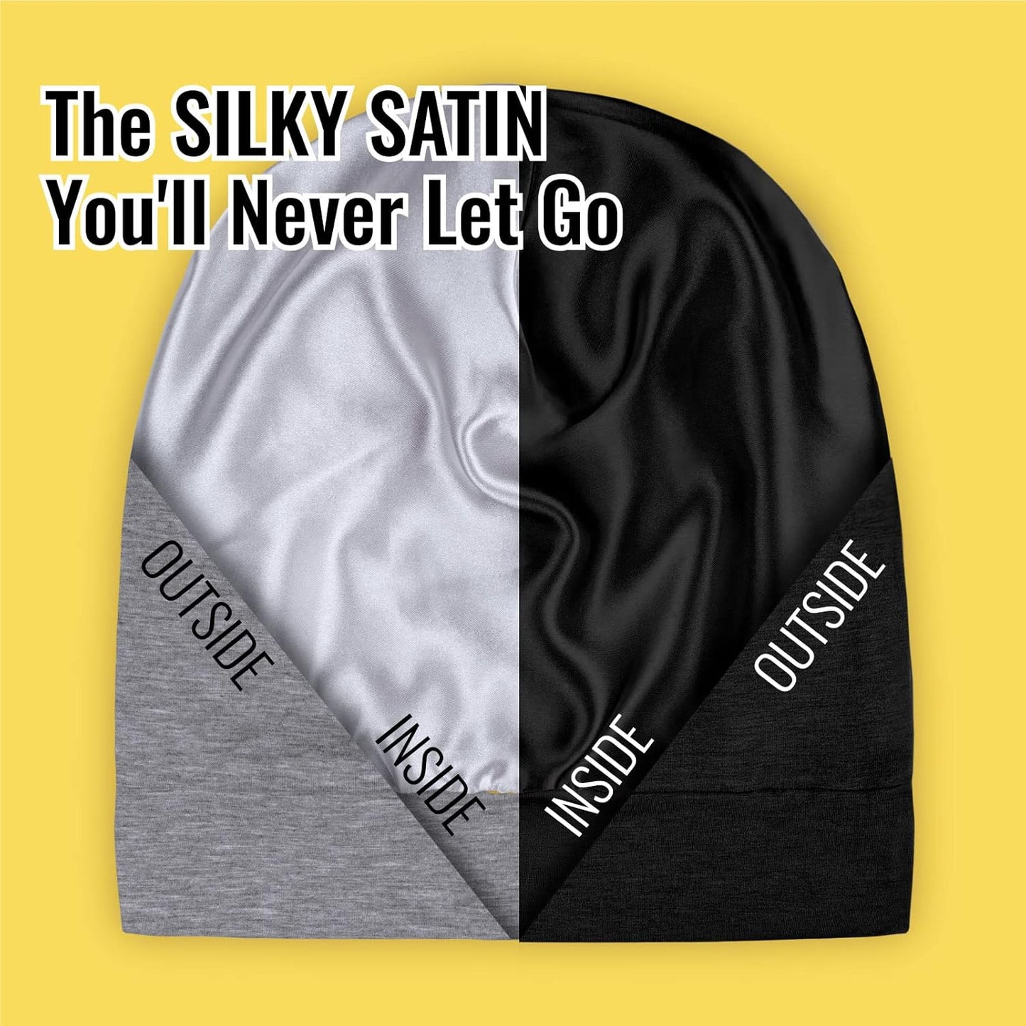 Satin Lined Sleep Cap Bonnet for Curly Hair and Braids, Stay On All Night Hair Wrap with Adjustable Strap for Women and Men, Black and Grey, Pack of 2