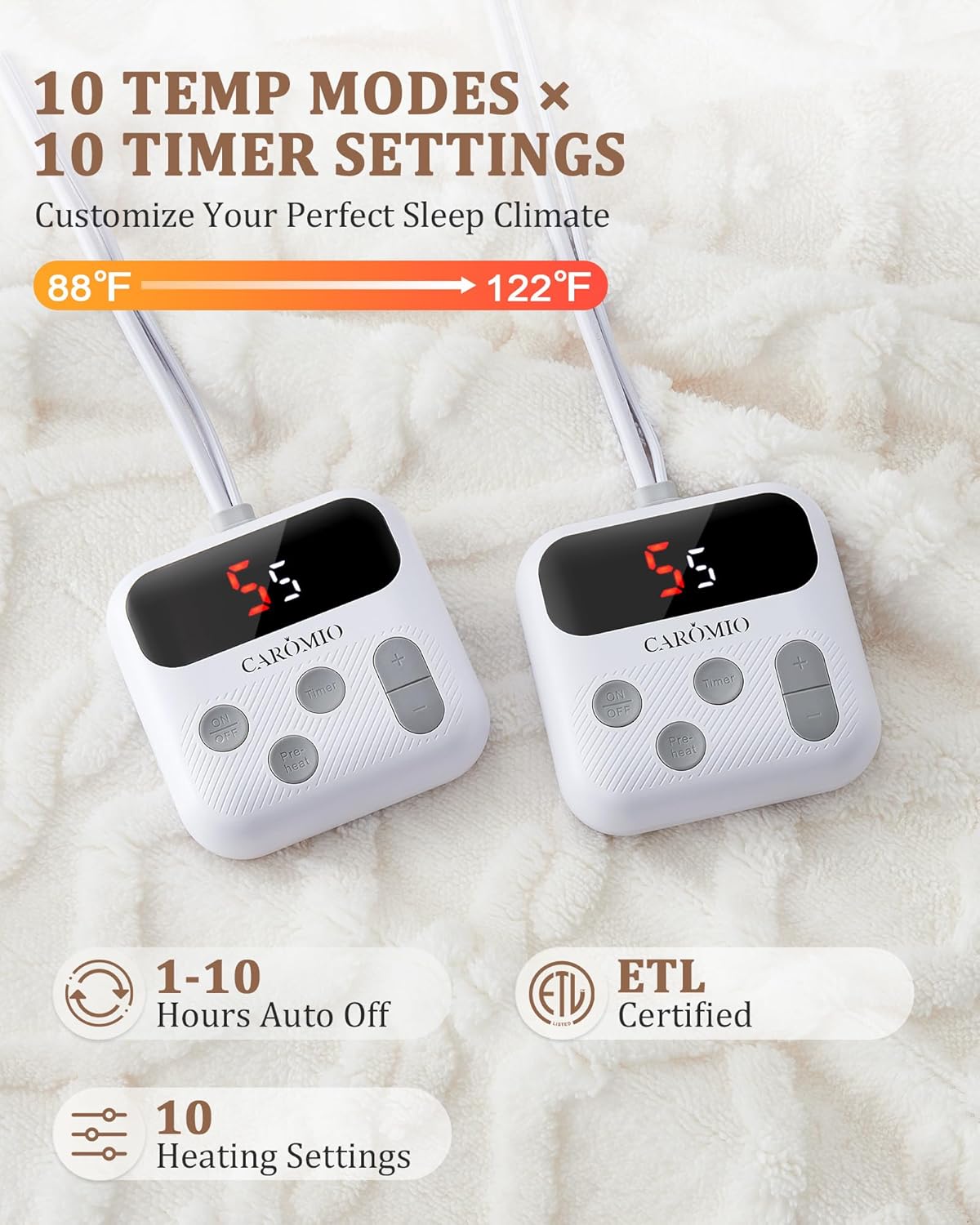 CAROMIO Electric Blanket Queen Size Dual Control - Thick Tufted Sherpa Heated Blanket Queen with 10 Heating Levels and 10 Time Settings, ETL Certified Fast Heating Blanket Queen Size 84"×90", White