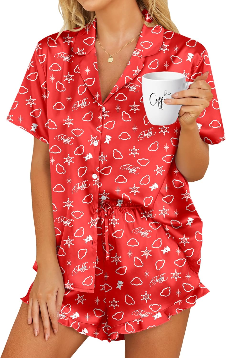 HOTOUCH Womens Satin Pajamas Set Button Down 2 Piece Silk Pjs Shorts Set Ruffle Lingerie Notch Collar Sleepwear
