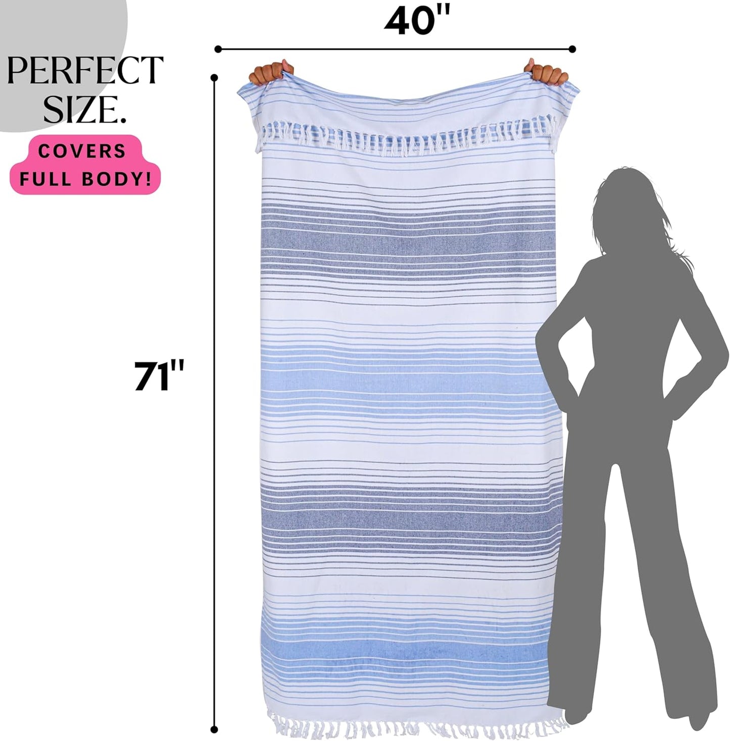 Native Fab Oversized Beach Towel, 4 Pack, 40x71 inches 100% Cotton Turkish Peshtemal for Adults,Soft & Absorbent, Extra Large Beach Towel for Hammam Spa Beach Blanket Bath, Cabana Strips, Navy Blue