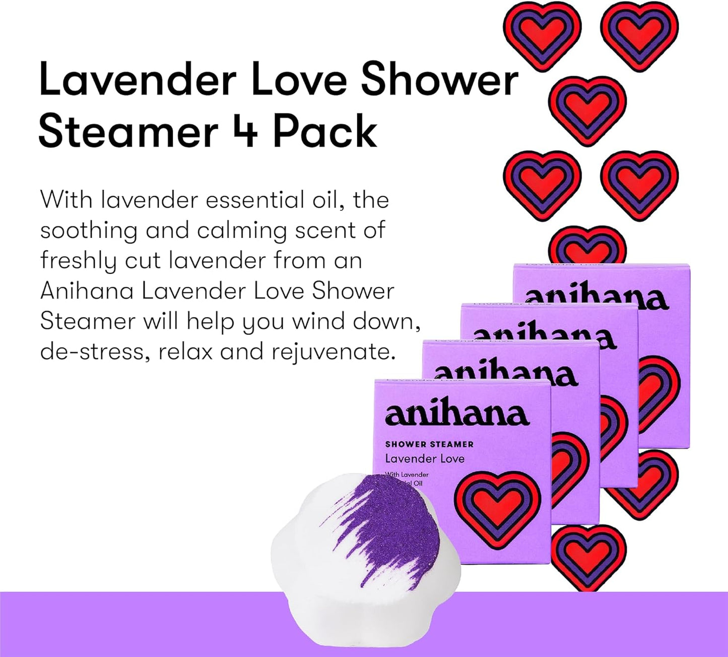 ANIHANA Shower Steamers 4 Pack with Lavender Essential Oils, Paraben Free, Cruelty Free, Refreshing Lavender Love Scent, 1.76 oz Each