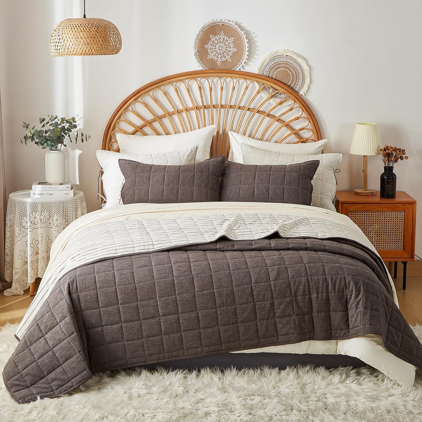 Gray Quilt King Size， Cotton Linen King Quilt Bed Spreads，3-Pieces King Size Quilt Bedding Set with Grey Stripe Coverlet Lightweight Bedding comforters with 2 Pillow Shams