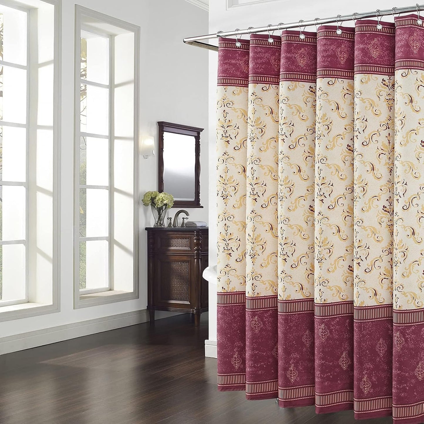 Fabric Shower Curtain, Burgundy and Gold Damask Print Shower Curtains for Bathroom, Classic Baroque Bathroom Curtains, 62" W x 72" H