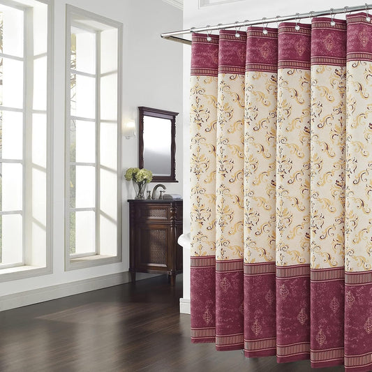 Fabric Shower Curtain, Burgundy and Gold Damask Print Shower Curtains for Bathroom, Classic Baroque Bathroom Curtains, 62" W x 72" H