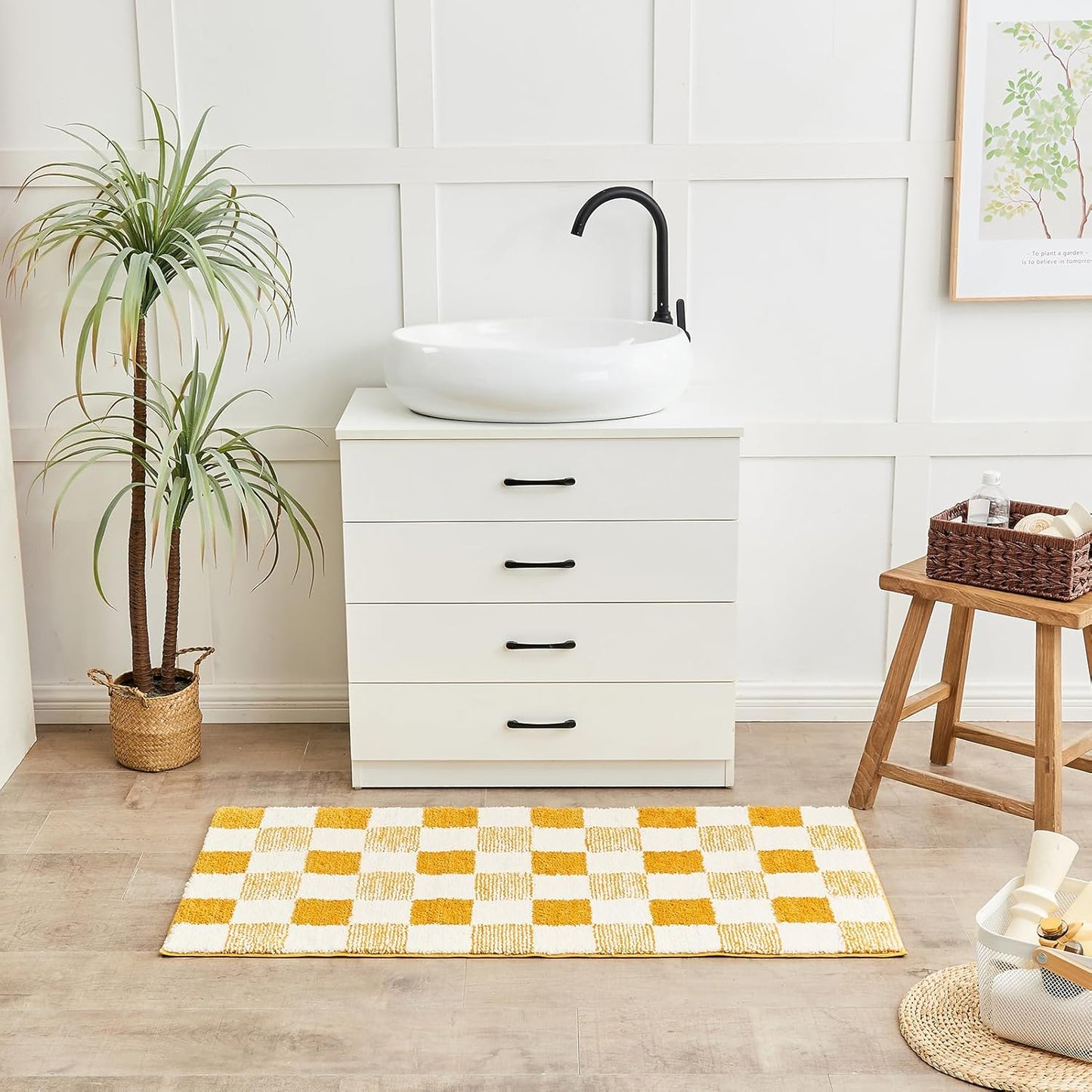 CozeCube Bath mats for Bathroom Non Slip, Fluffy Absorbent Microfiber Bath mat Washable, Aesthetic Bathroom Rugs, Long Harvest Gold Checkered Bath mat, Harvest Gold, 47" x 24"