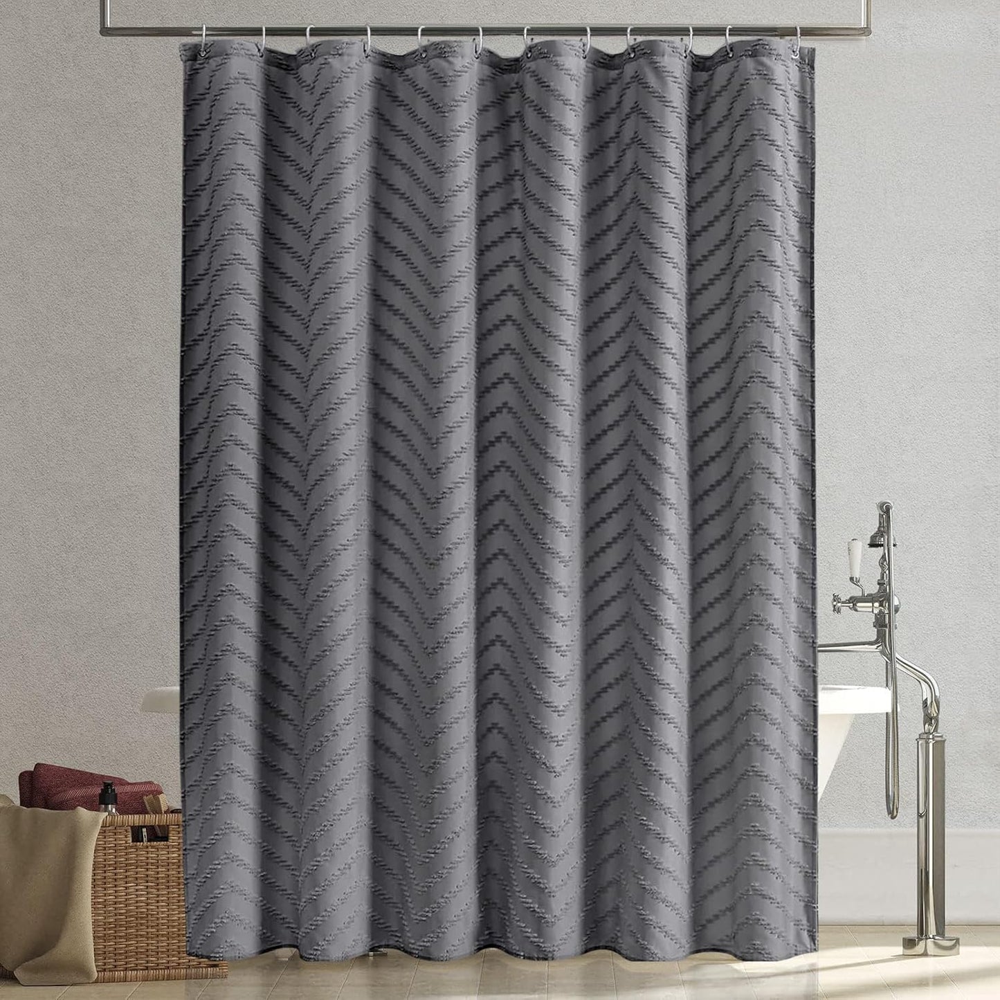 Extra Long Grey Boho Shower Curtain 78 Inch Grey Tufted Chevron Striped Fabric Shower Curtains for Bathroom Modern Shabby Chic Waterproof Cloth Shower Curtains