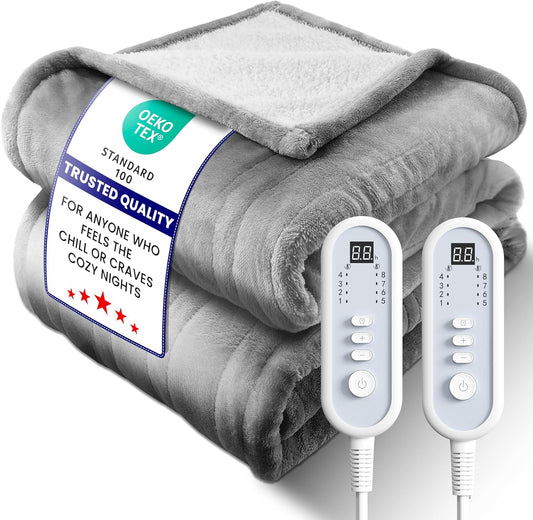 Electric Heated Blanket King, Ultra‑Cozy Premium Flannel & Sherpa, Even Heat Distribution & Stable Temp, 1–10H Auto‑Off, 8 Temps (86–125.6°F), Overheat Protection, Ideal Gifts for Grandma