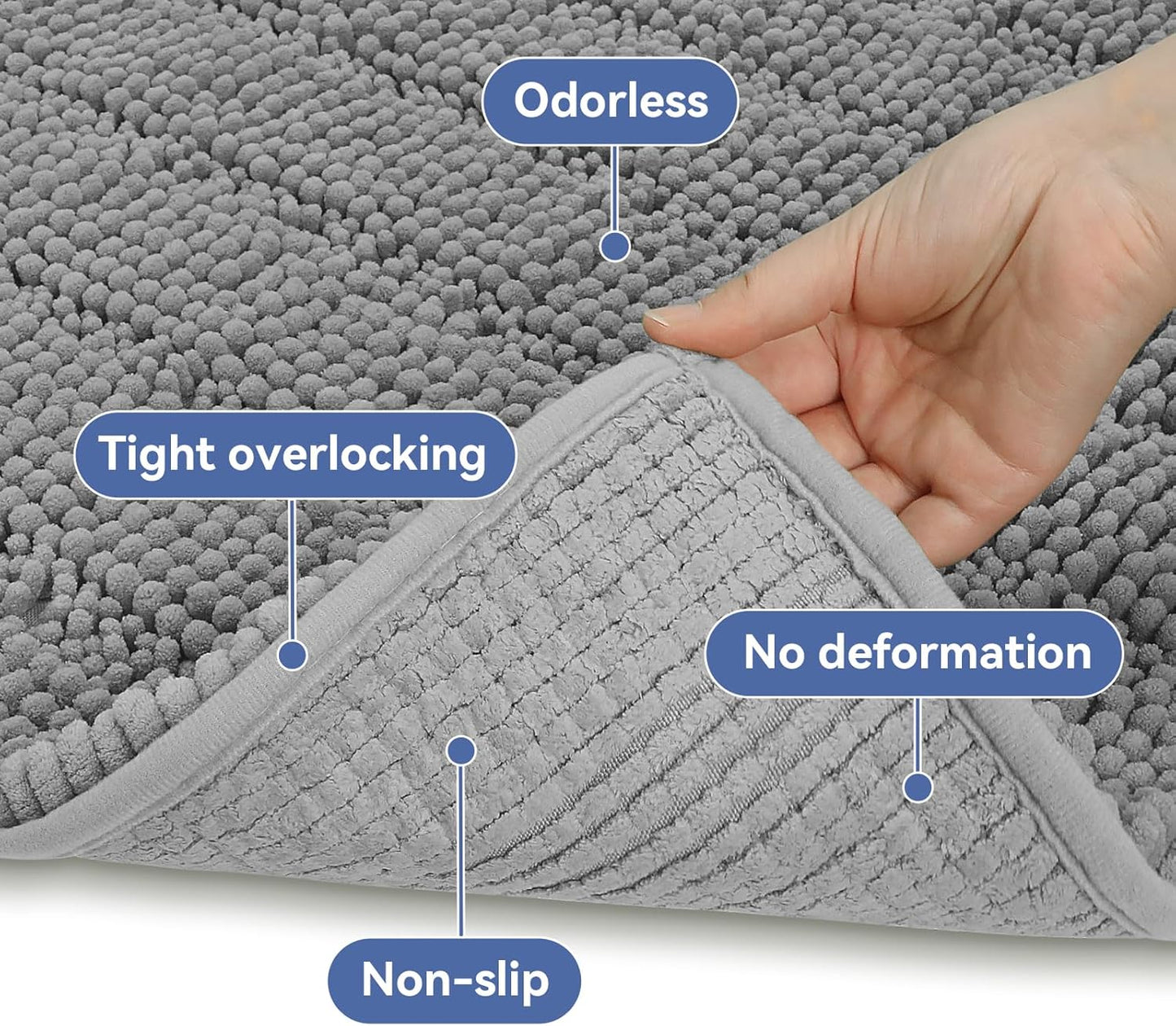 Bcoimo 44"×24" Chenille Bath Mat – Non-Slip with Backing Bath Rug Ultra-Absorbent and Machine Washable Bathroom Mat Quick-Dry Design. Ideal for Bathroom and Tub Areas