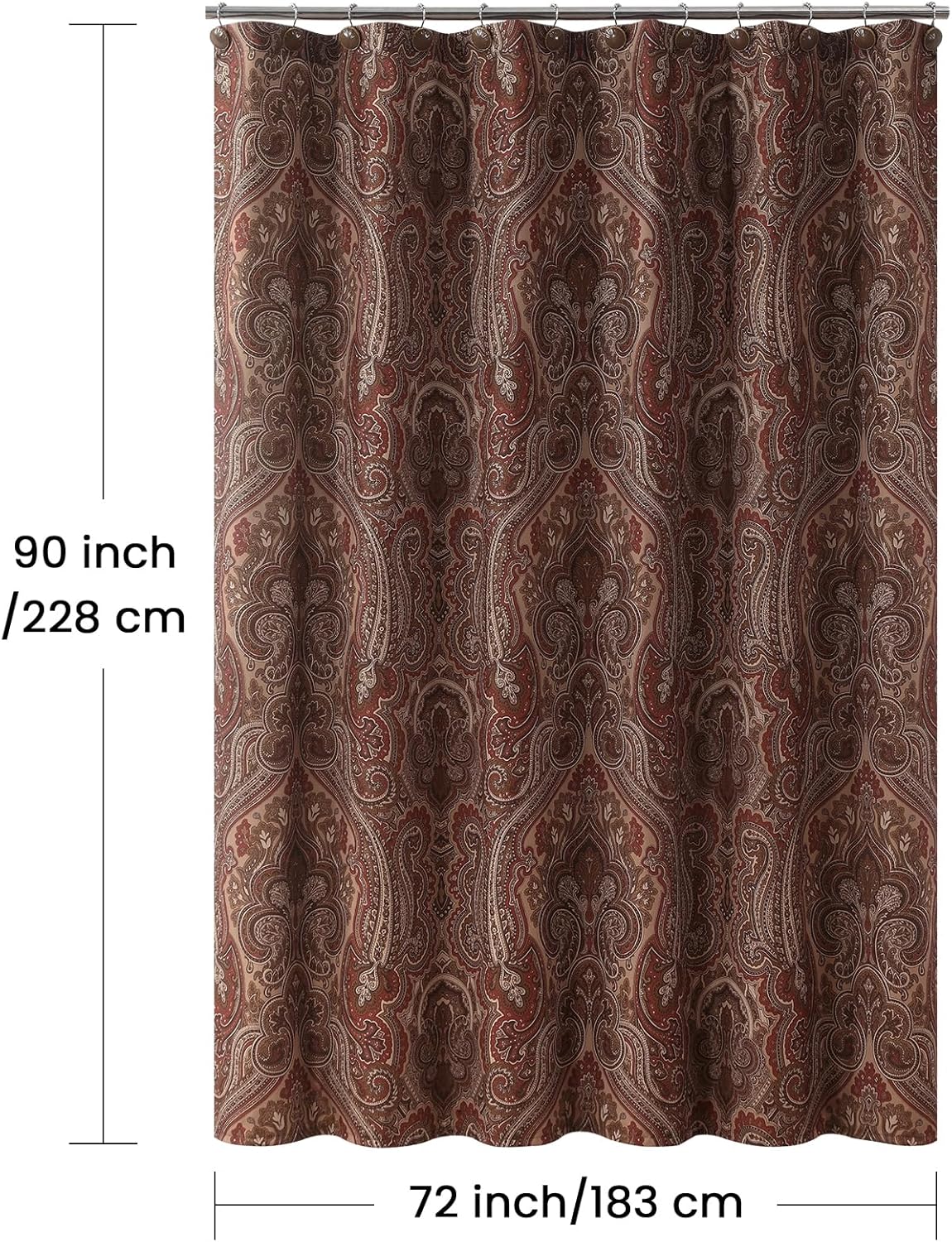 90 Inch Fabric Shower Curtain, Extra Long Reddish Brown Damask Paisley Print Shower Curtains for Bathroom, 72" W x 90" H