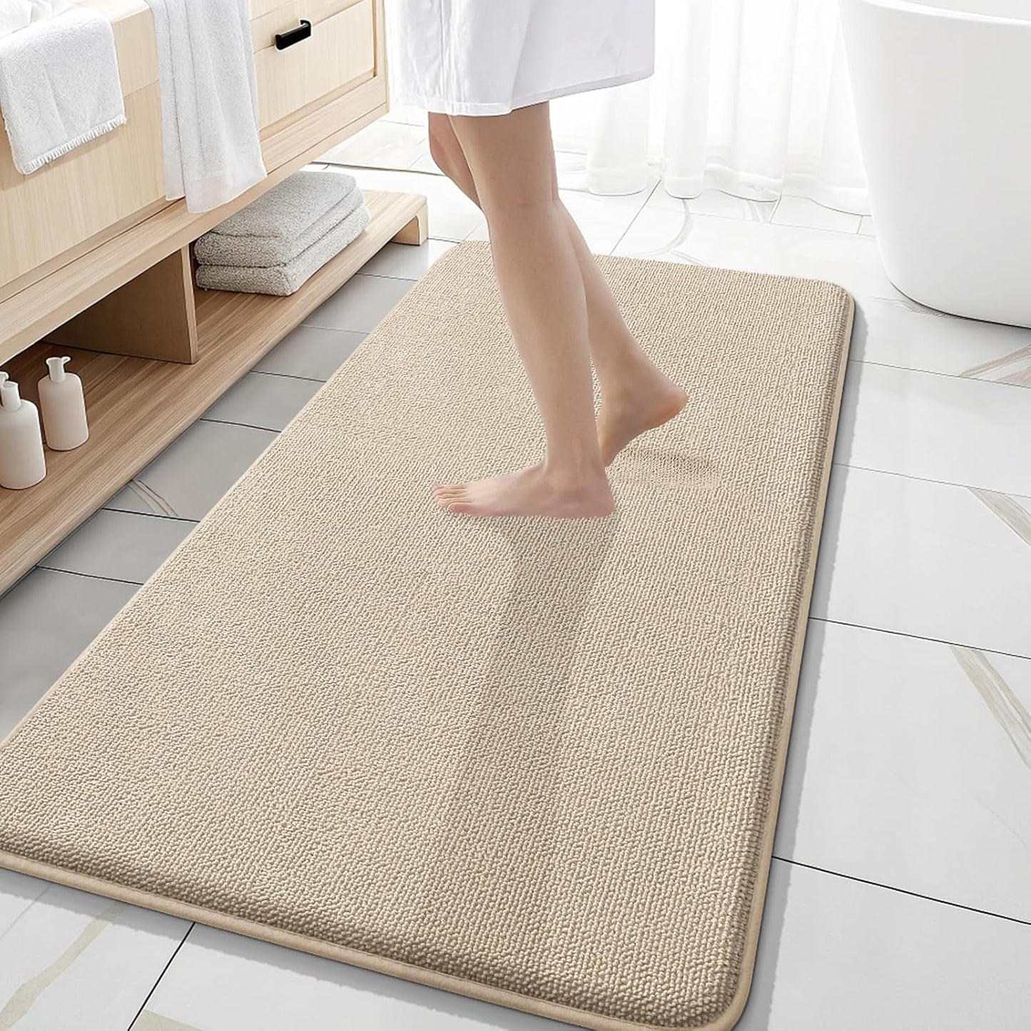 OLANLY Thick Memory Foam Bath Mat Rug 47x20, Extra Soft Absorbent Bathroom Rug, Quick Dry Bath Mats, Non-Slip, Machine Washable Carpet for Bathroom, Tub and Shower, Home Decor Accessories, Beige
