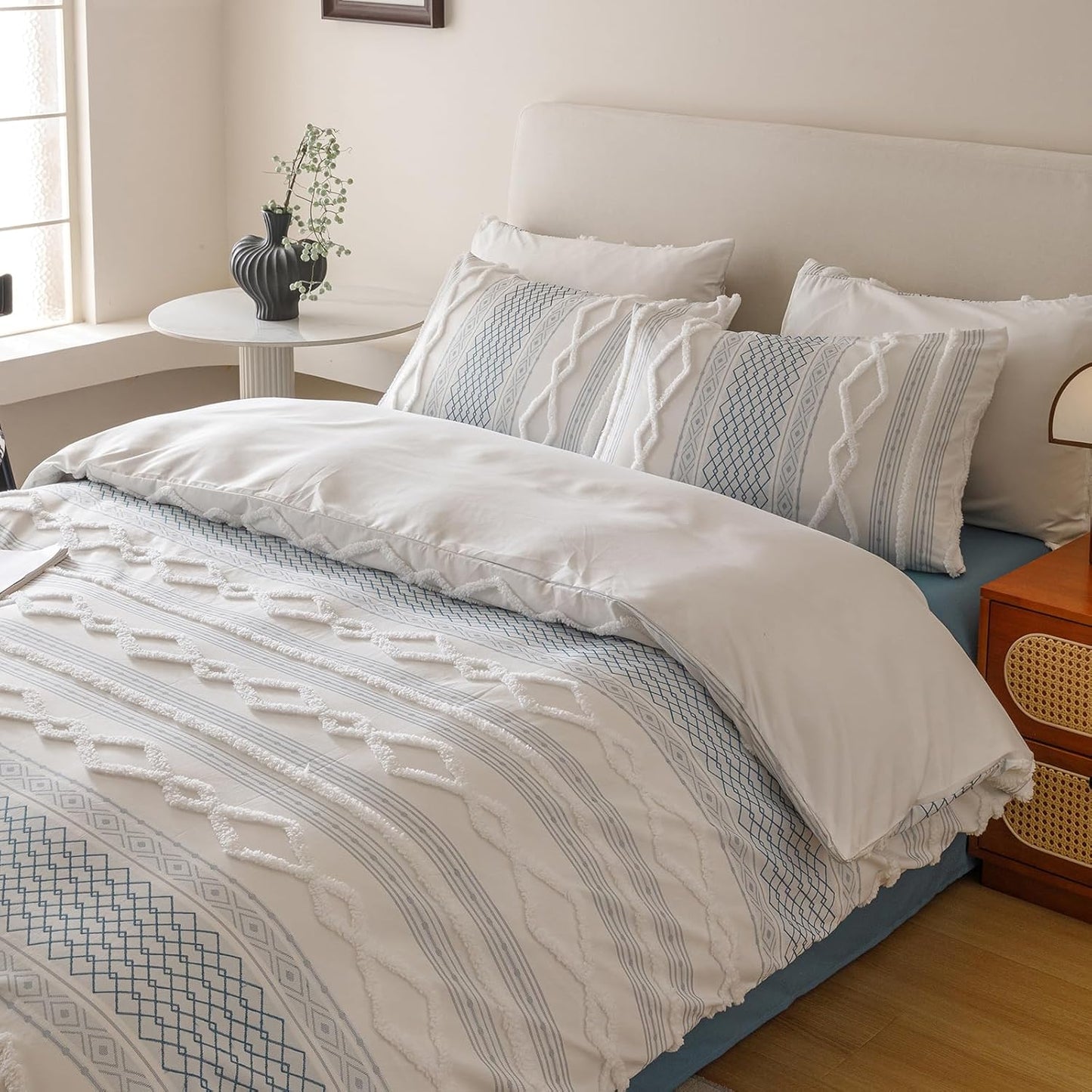 KAREVER Ivory Blue Boho Comforter Set Twin Mixed Textures Jacquard Bedding Set Durable Chic and Stylish Bedroom Set