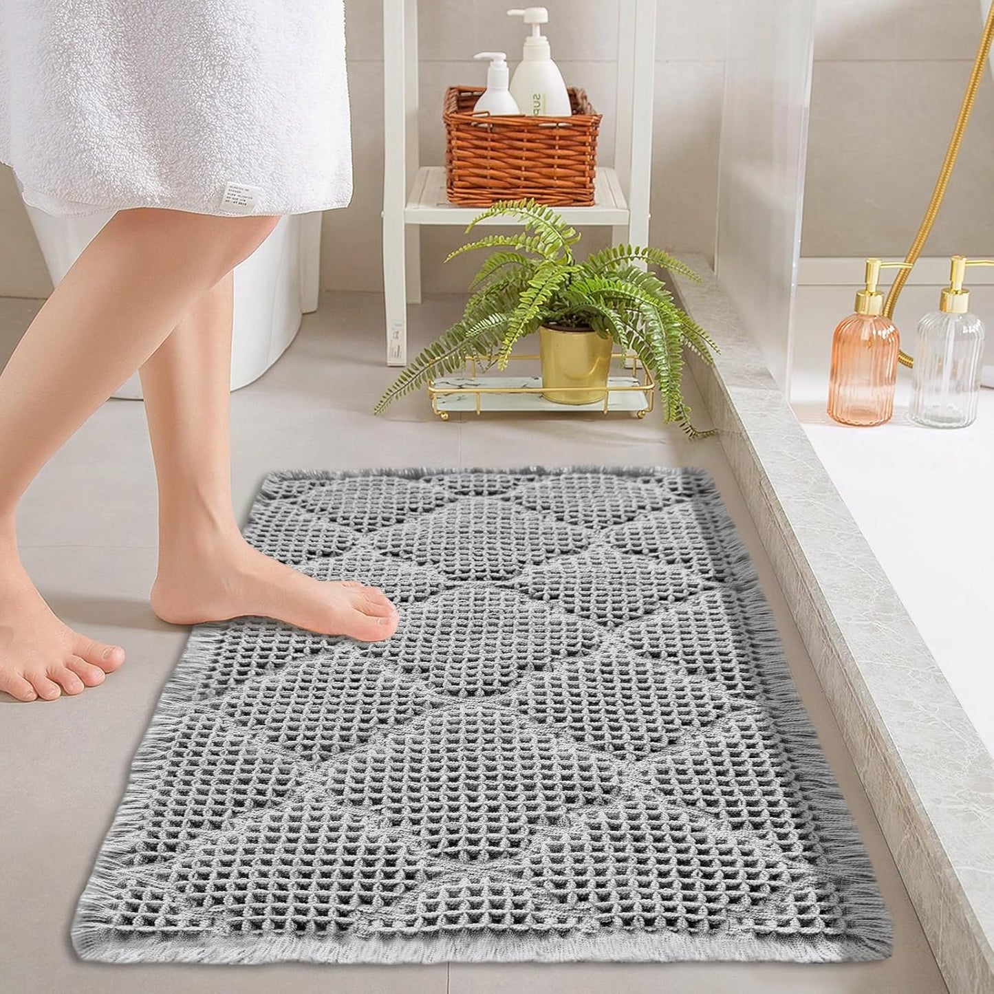 ZALL Waffle Bath Mat,Super Absorbent Non Slip Bathroom Rug,Grey 18x30inch,Geometric Diamond Machine Washable Ultra Soft Floor Mats Gray