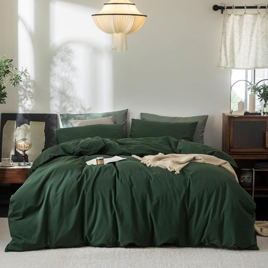 FOSSA Duvet Cover Set 100% Washed Cotton Linen Feel Super Soft Breathable Cozy 3 Pieces Bedding Sets Solid Forest Green Super King Plus