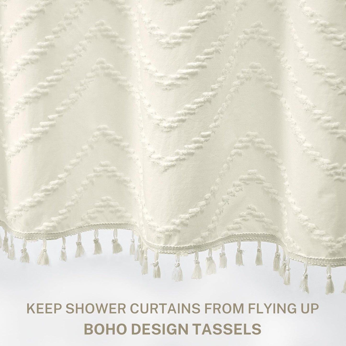 Extra Long Boho Shower Curtain Woven Fabric 84 in Cream Shower Curtain, 72 x 84, Tufted Chevron Striped Modern Chic Textured Minimalist Bathroom Shower Curtains