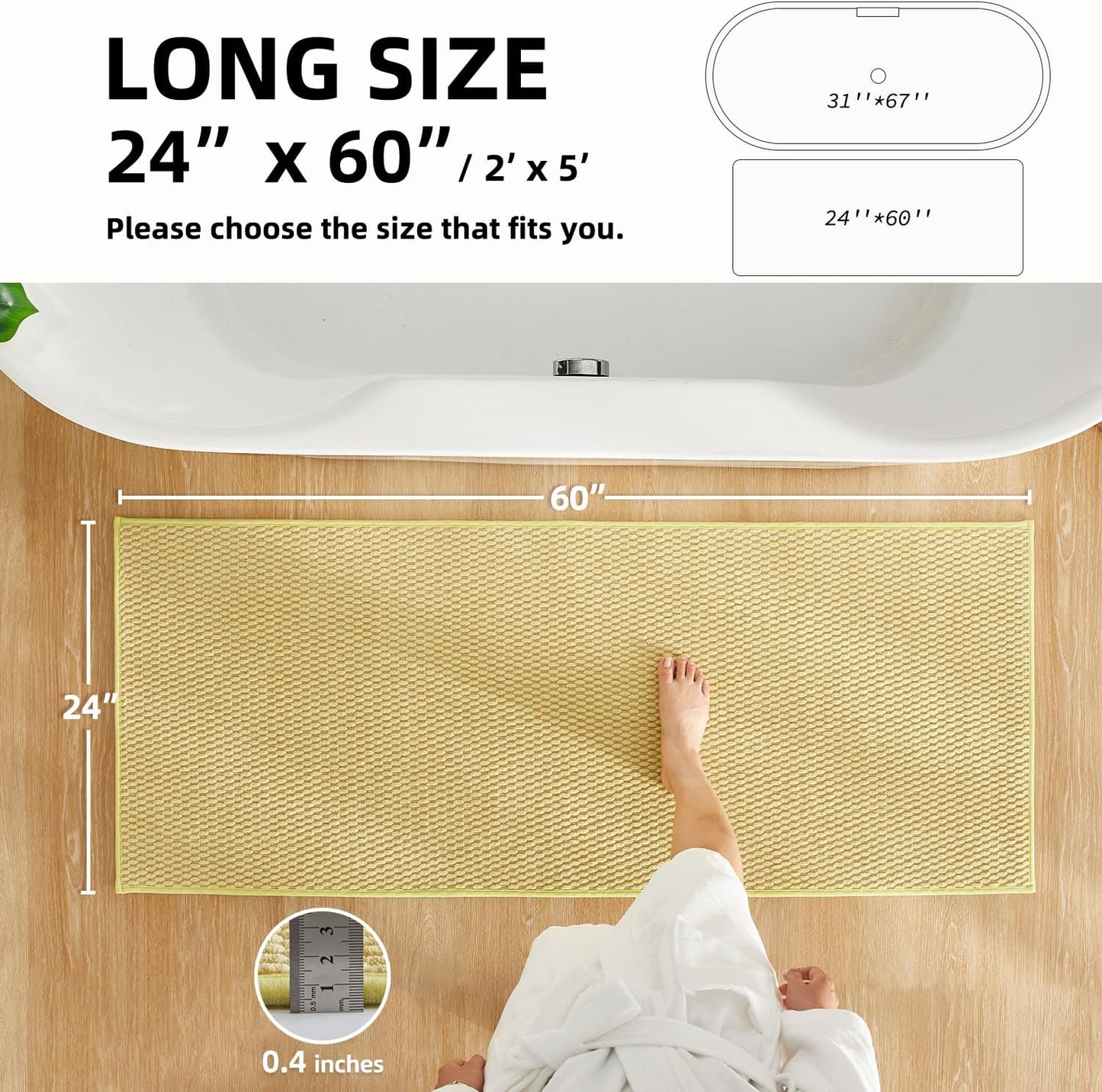 Bathroom Runner Rug, Long Bath Mat Washable Thin Quick Dry Low Pile Bathroom Runner Rugs 24 x 60 Non Slip, Yellow 24"x60"