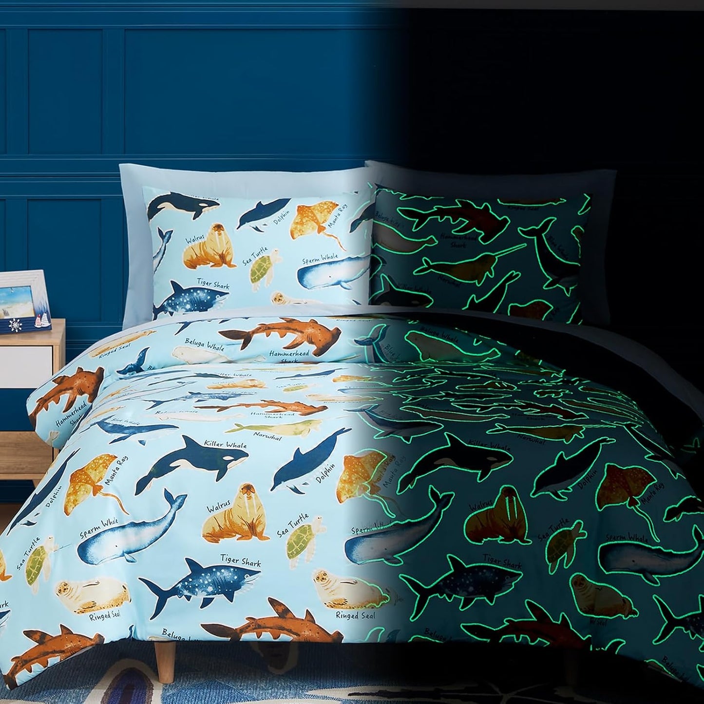 Full Size Comforter Set for Boys-7 Pieces Ocean Animals Glow in The Dark Full Bedding Sets for Kids, Ultra Soft Bed in A Bag with Sheets