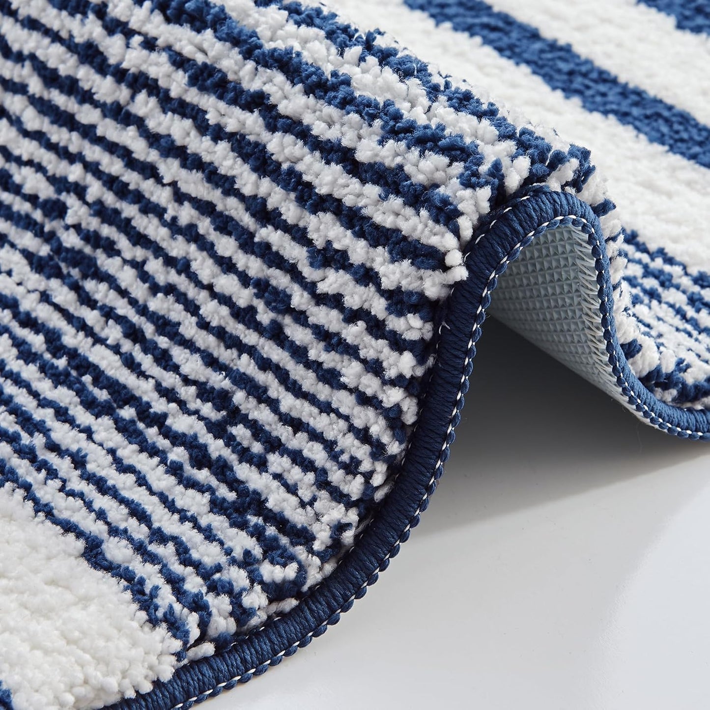 CozeCube Bath mats for Bathroom Non Slip, Fluffy Absorbent Microfiber Bath mat Washable, Aesthetic Bathroom Rugs, Small Navy Blue Striped Bath mat, Navy Blue, 24" x 16"