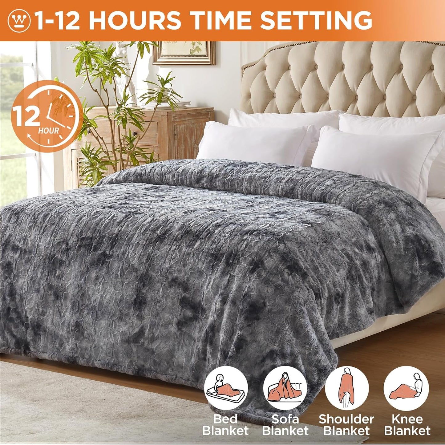 Westinghouse Electric Blanket Queen, Faux Fur Heated Blanket with 10 Heating Levels & 1-12 Hours Auto Off, Soft Cozy Sherpa Heated Blanket Washable Blanket (84" x 90" Queen Size, Grey)