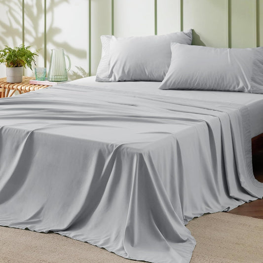 Bedsure Full Size Bed Sheets - 4 Pieces Soft Full Sheet Set - Breathable & Cooling - Hotel Luxury - Easy Care Polyester Microfiber Bedding for Women, Men, Light Grey