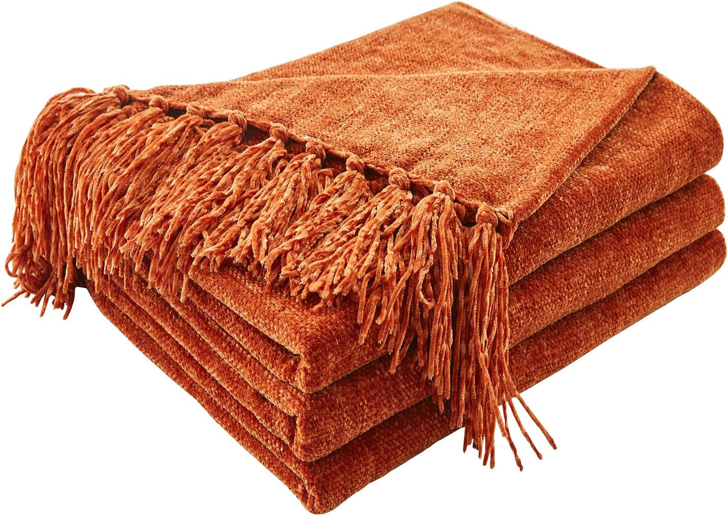 CozeCube Chenille Throw Blanket for Couch, Cozy Plush Fuzzy Decorative Rust Orange Blanket with Fringe Tassels, Lightweight Throws for Bed Sofa Gift Home Decor, 50"X60"