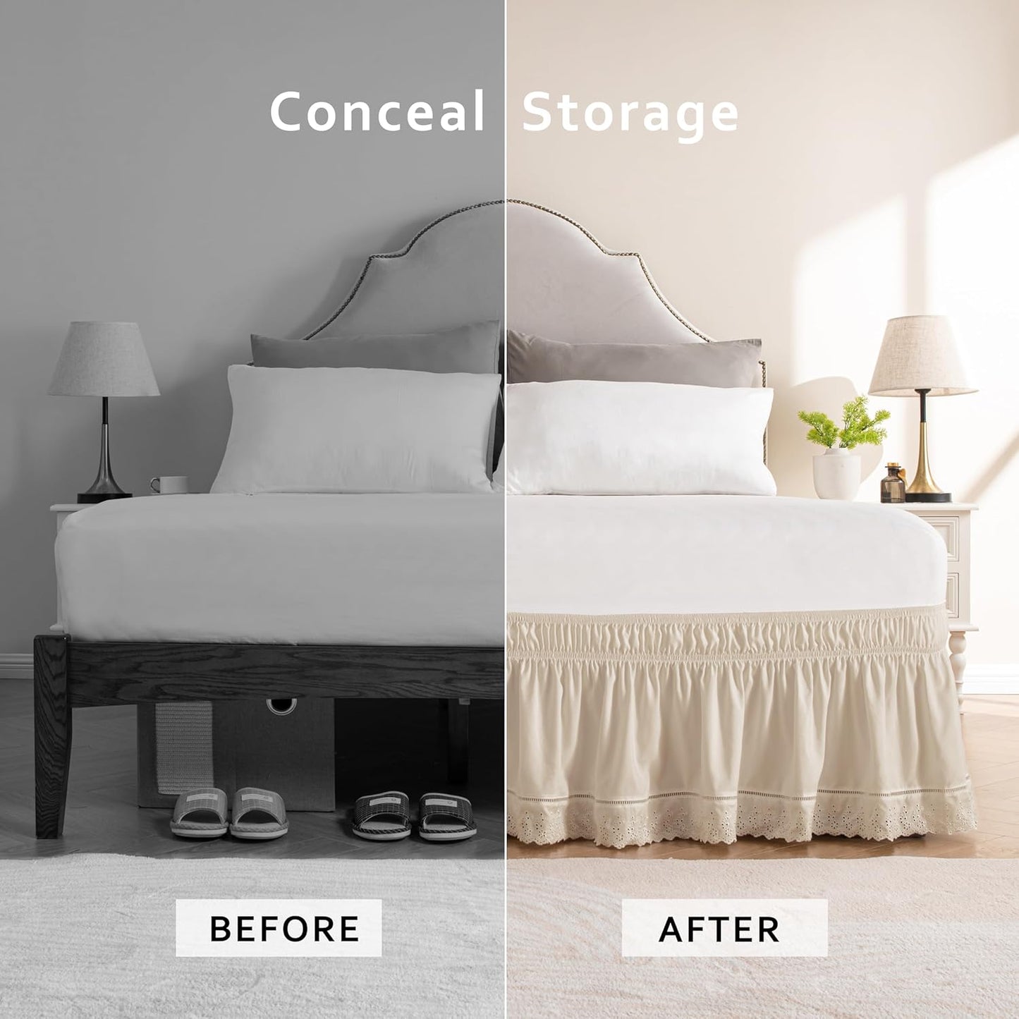 MIYE Wrap Around Ruffled Lace Bed Skirt, Elastic Dust Ruffle with Adjustable Belts, Easy to Put On, Bed Frame Cover, Machine Washable (Embroidered/Light Beige, King/Queen-18 Drop)