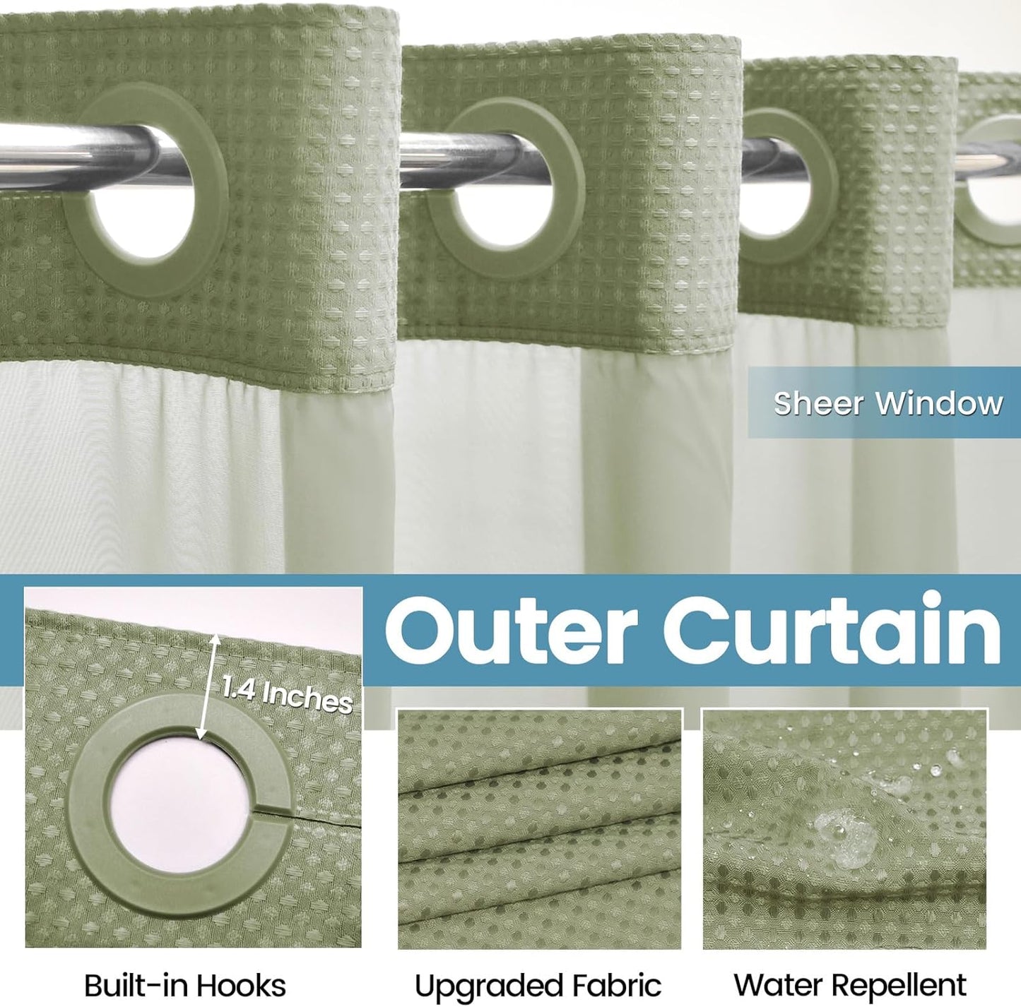 Sage Green Long Hotel Shower Curtain - 230GSM Waffle Textured Heavy Duty Thick Fabric Shower Curtains for Bathroom,71W x 86H