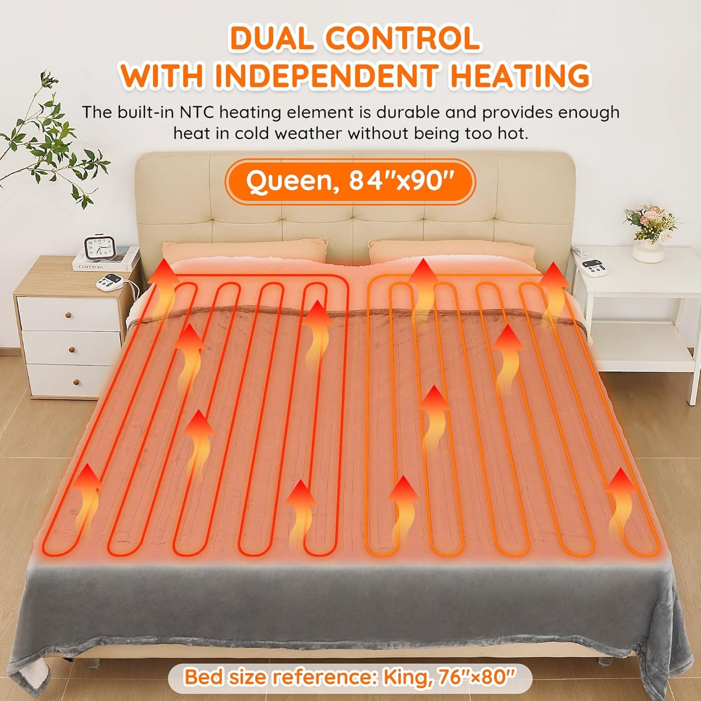 Mia&Coco Heated Blanket Queen Size -84"x90" Dual Control Flannel Electric Blanket,10 Heat Levels,10-Hour Auto-Off,Fast Heating,Overheat Protection, Soft Heating Blanket for Home and Office (Gray)