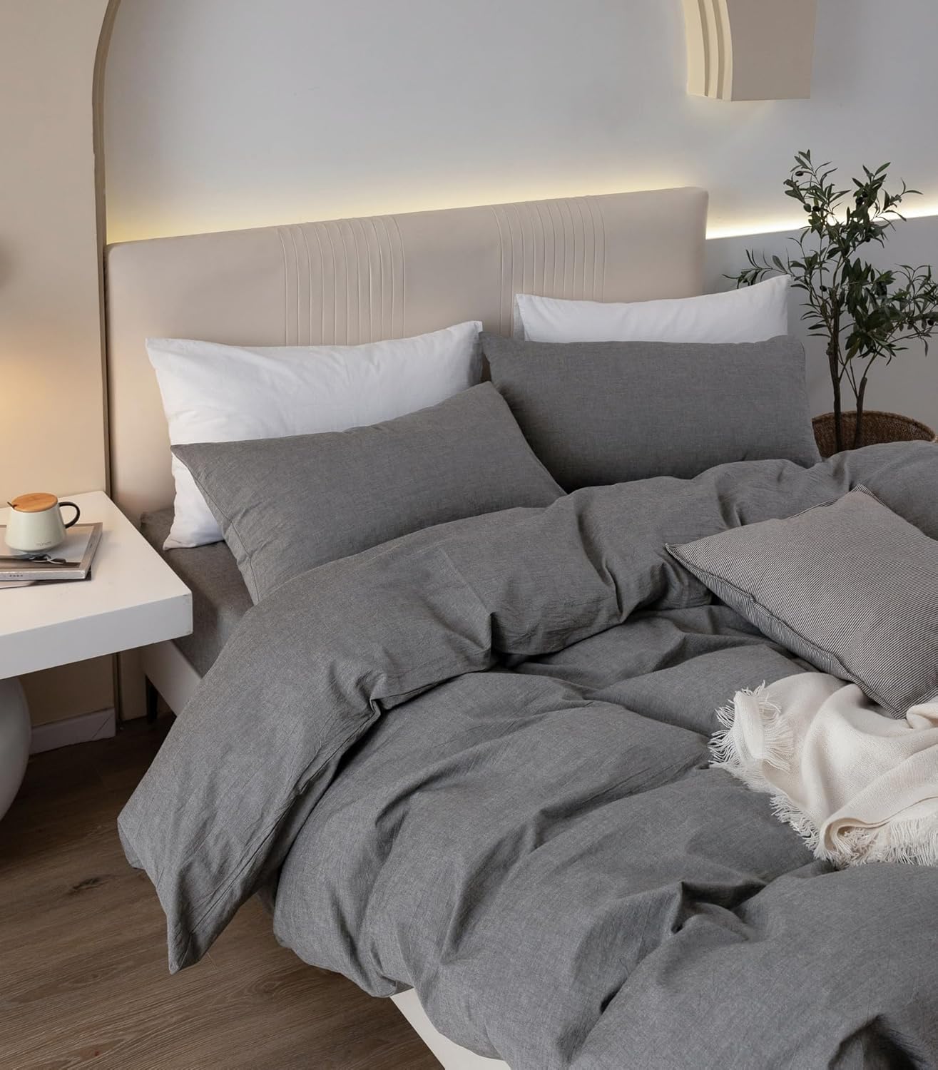 JIYUAN 100% Washed Cotton Duvet Cover Set 3 Pieces Queen, 1 Duvet Cover 90x90 Inches (Comforter Not Included) and 2 Pillowcases,Linen Feel Bedding Set Comfy and Breathable, Heathered Dark Grey