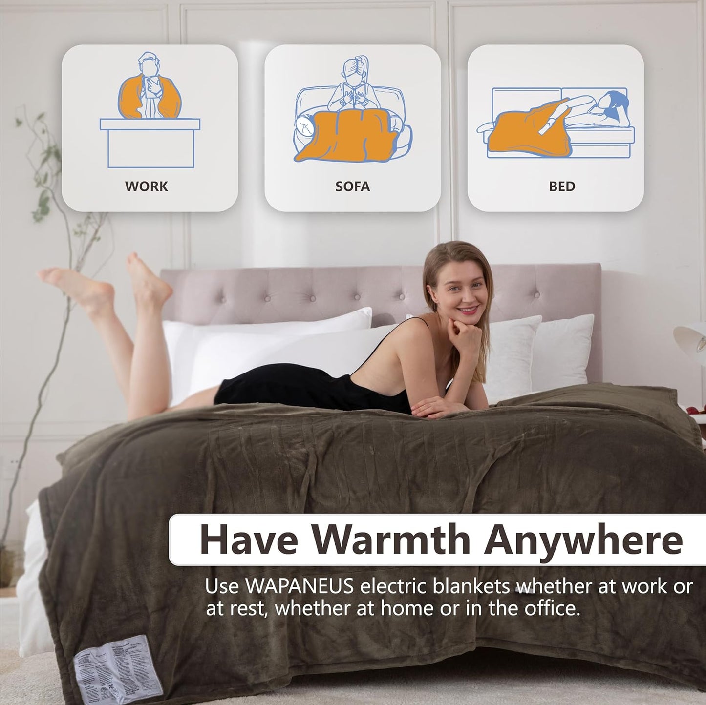 Wapaneus Foot Pocket Heated Blanket Electric Throw with 10 Heating Levels and Auto Shut Off,Flannel Fast-Heating Heated Throw 50" x 60",ETL Listed Machine Washable,Dark Brown