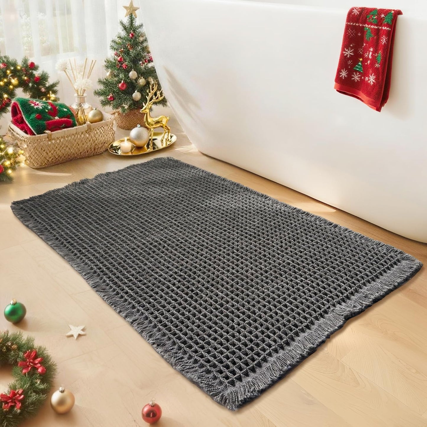 Waffle Bath Mat - Boho Bathroom Rugs Non Slip Washable, Super Absorbent & Quick Dry, Soft Bath Mat Farmhouse Bathroom Decor, 20'' x 32'', Dark Grey