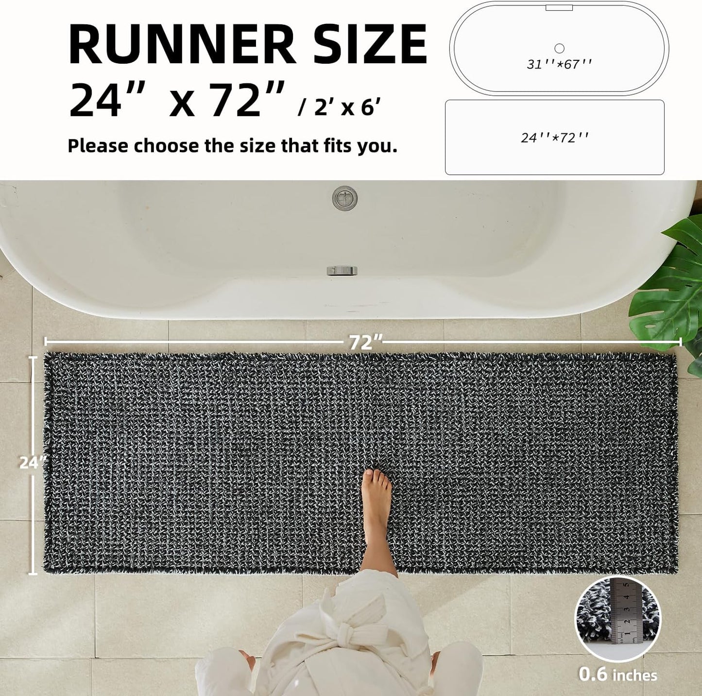 Black and White Bathroom Rugs, Waffle Runner Rug Bathroom Non Slip Washable Long Super Absorbent Quick Dry Boho Farmhouse Bath Decor, 72"x24" Black and White