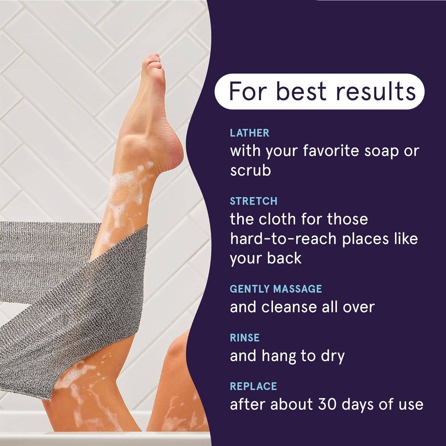 Cleanlogic Body Exfoliating Cloth, Stretchy Detox Charcoal Infused Exfoliator Bath and Shower Washcloths, Reusable Daily Skincare Tool, 3 Count Value Pack
