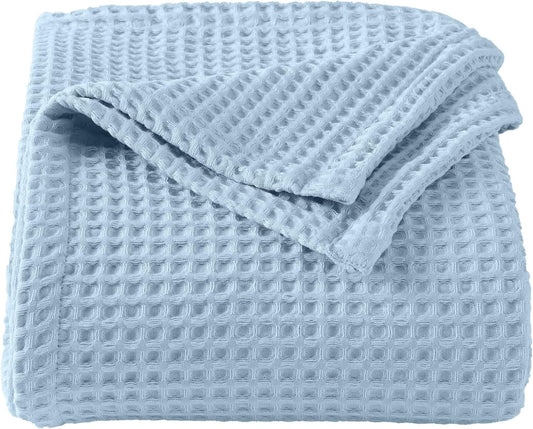 100% Cotton Waffle Weave Queen Bed Blanket | Soft, Breathable, and Lightweight Blanket for All-Seasons | Perfect for Layering | Brielle Collection (Full/Queen, Sky Blue)