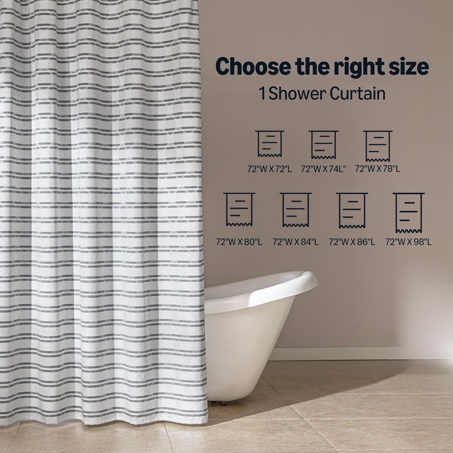 Amazon Basics Geometric Jacquard Fabric Shower Curtain for Bathroom, Lightweight, Waterproof and Washable, 72" W x 80" L, Grey Striped