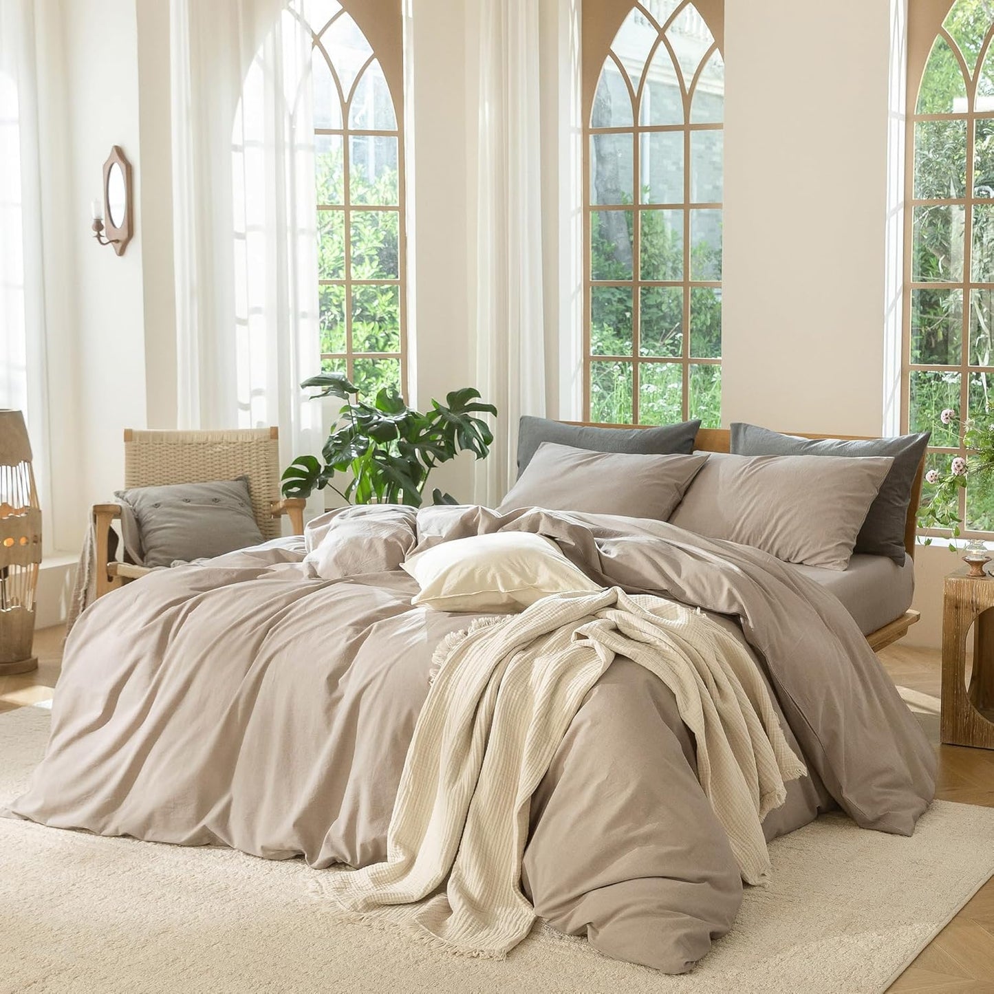 MooMee Bedding Duvet Cover Set 100% Washed Cotton Linen Like Textured Breathable Durable Soft Comfy (Heathered Taupe, Twin 68"x90")