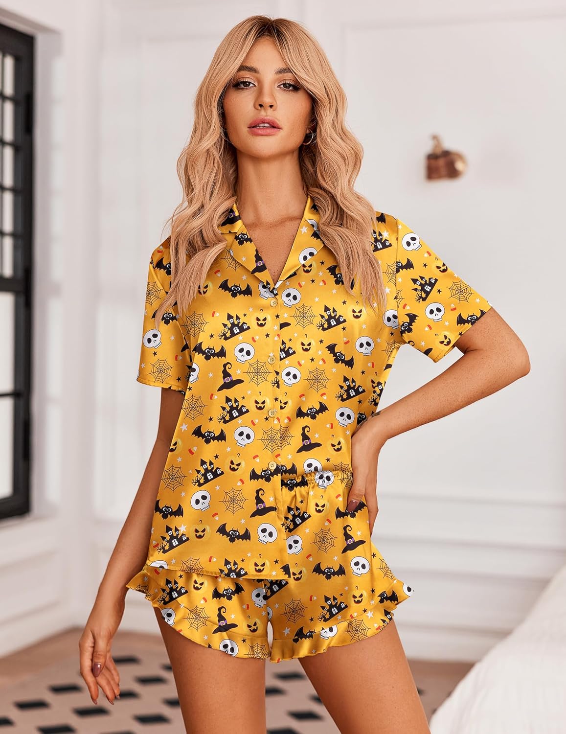 Ekouaer Womens Satin Pajamas Set Button Down 2 Piece Silk Pjs Shorts Set Ruffle Lingerie Notch Collar Sleepwear