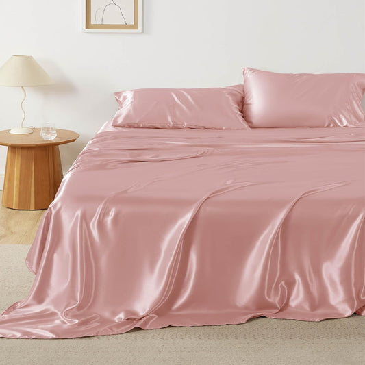 Bedsure Satin Sheets Queen Size - 4 Piece Silky Bedsheets with 15 Inches Deep Pocket Fitted Bedsheet,1 Flat Sheet, 2 Satin Pillowcases, Good for Hair & Skin (Queen, Blush Pink)
