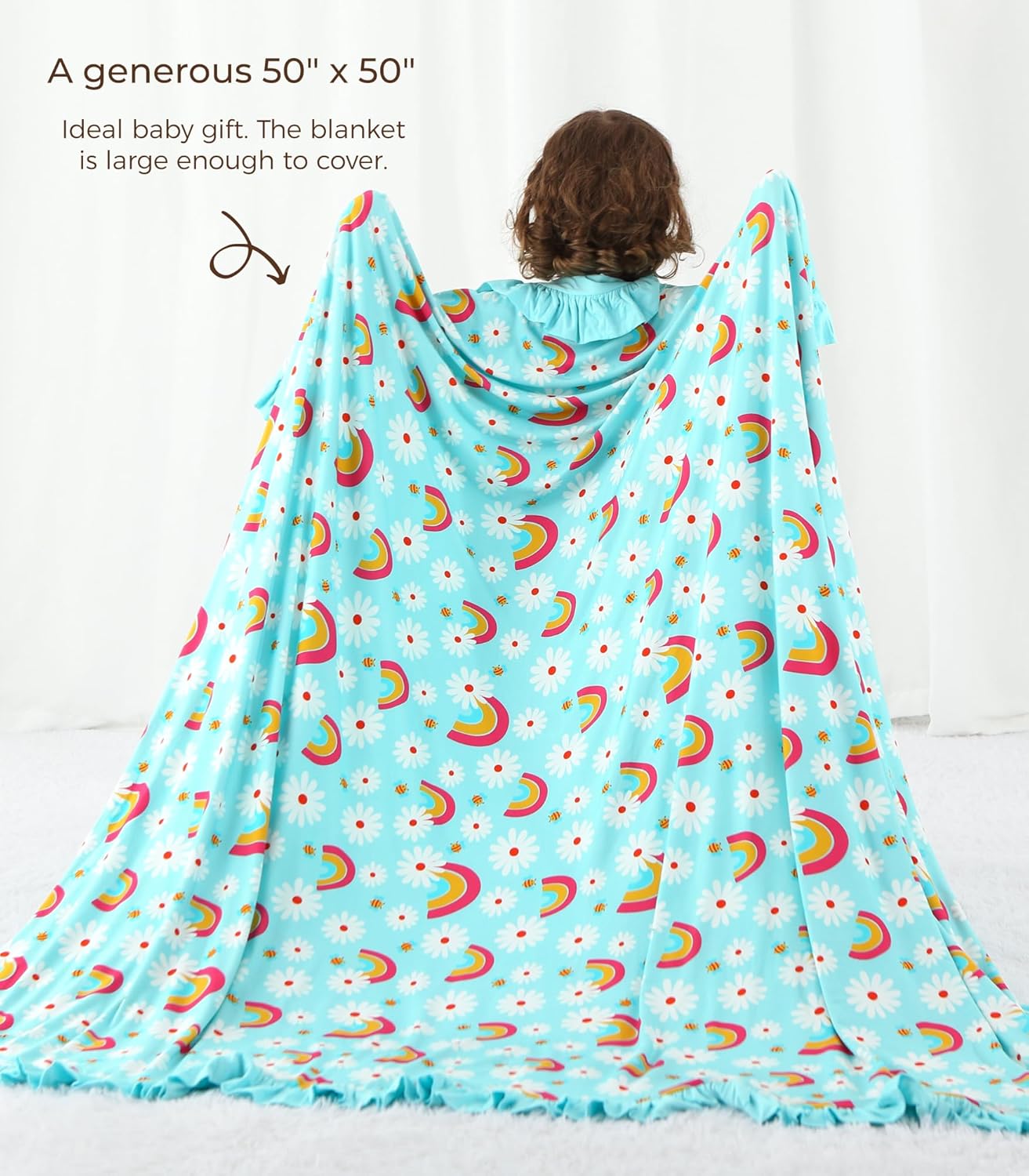 Premium Baby Blanket for Girls, Stretchy Quilt, Soft Crib Bedding for Newborn Baby and Toddler, Ruffle Nursery Blanket for Kids, Viscose Made from Bamboo 50''x50'' Daisy