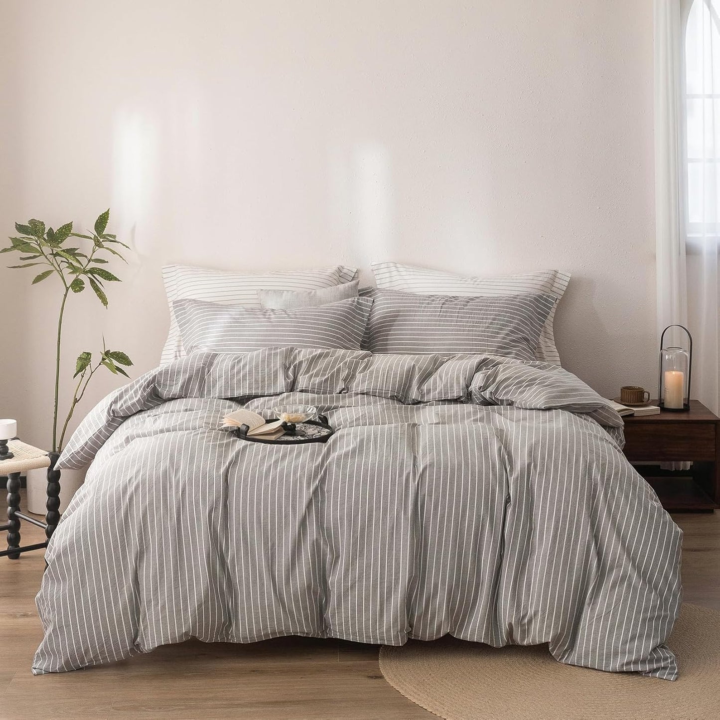 Stripe Duvet Cover Oversized King Size 120inch x 98inch, 100% Washed Cotton Linen Feel Duvet Cover with Zipper Closure and 2 Pillowcases, Color of Grey-White Stripe