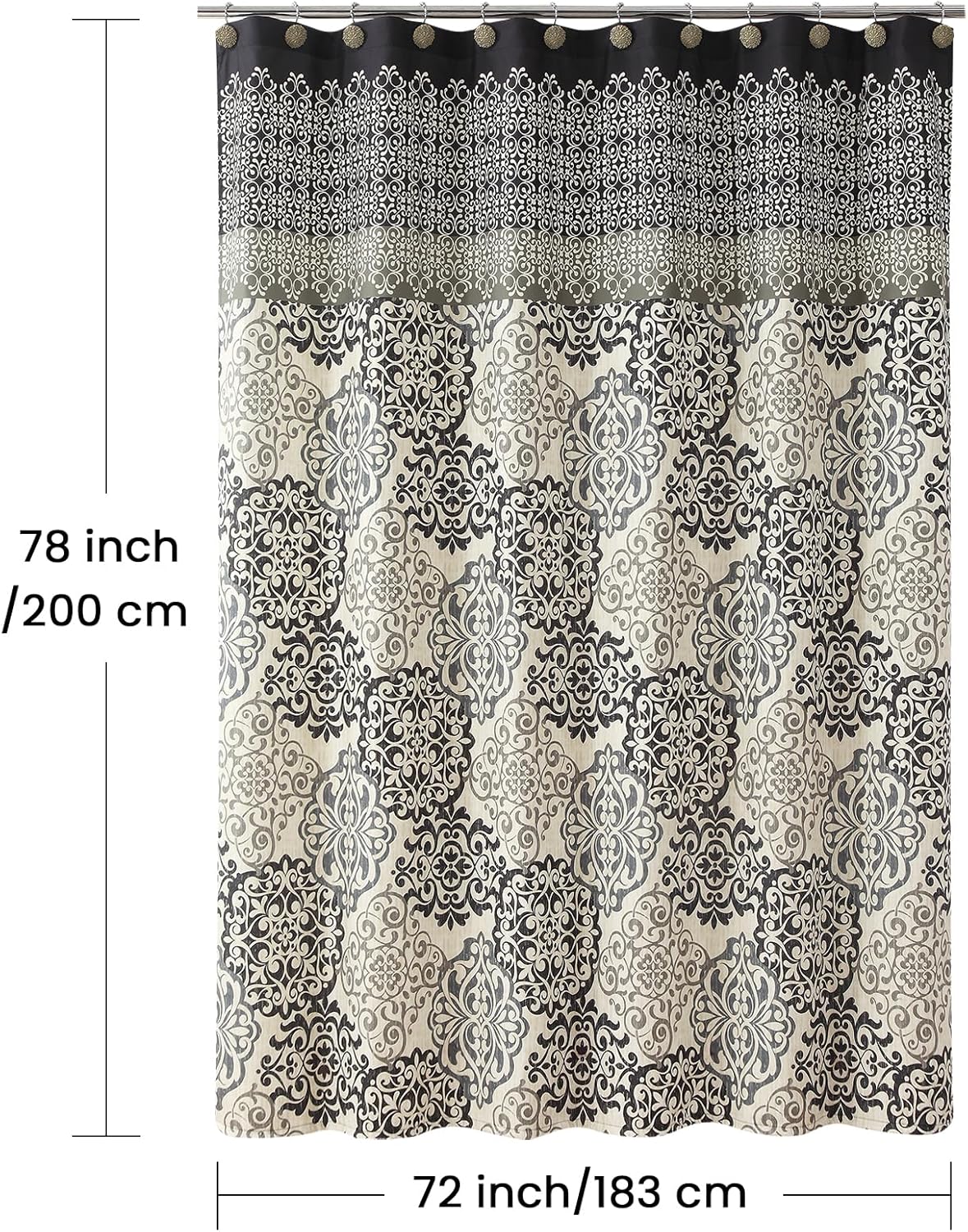 Fabric Shower Curtain 78 Inches Long, Black and Beige Boho Medallion Print Shower Curtains for Bathroom, 72" W x 78" H