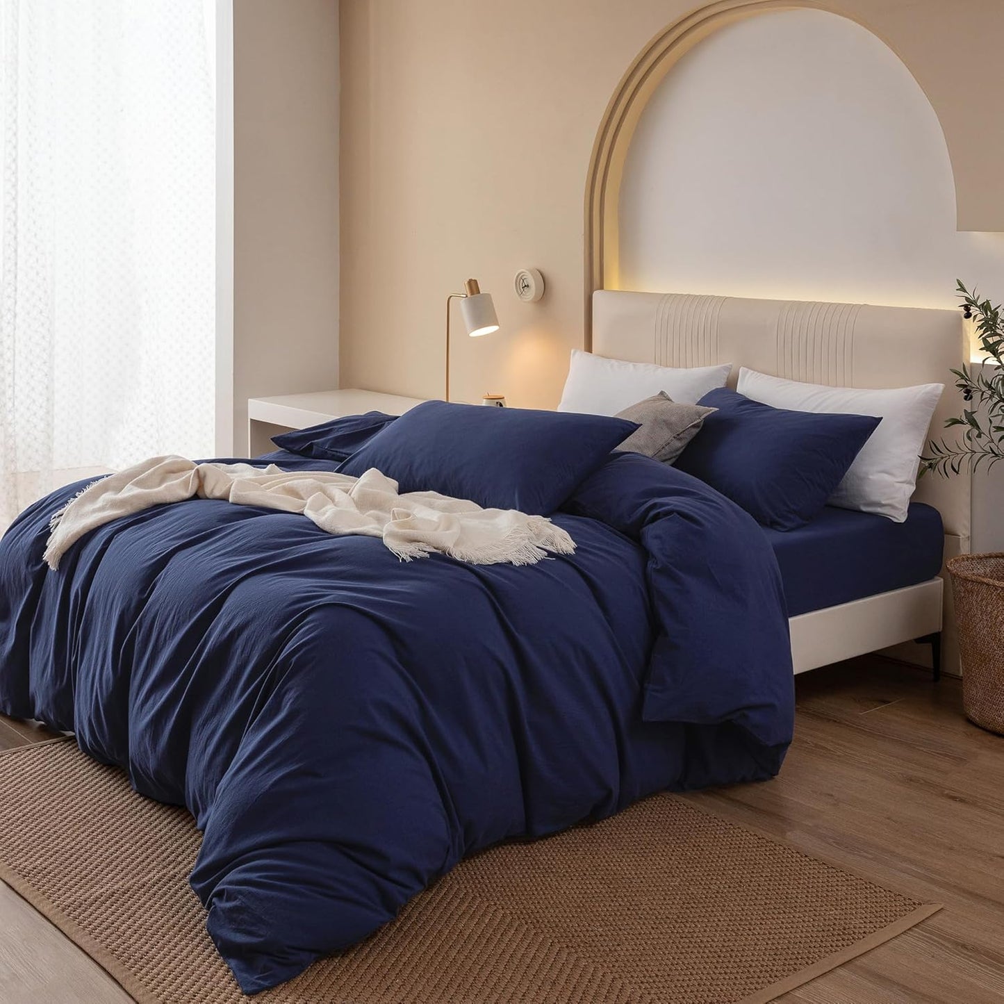 JIYUAN 100% Washed Cotton Duvet Cover Set 3 Pieces Queen, 1 Duvet Cover 90x90 Inches(Comforter Not Included) and 2 Pillowcases,Linen Feel Bedding Set Comfy and Breathable,Navy Blue