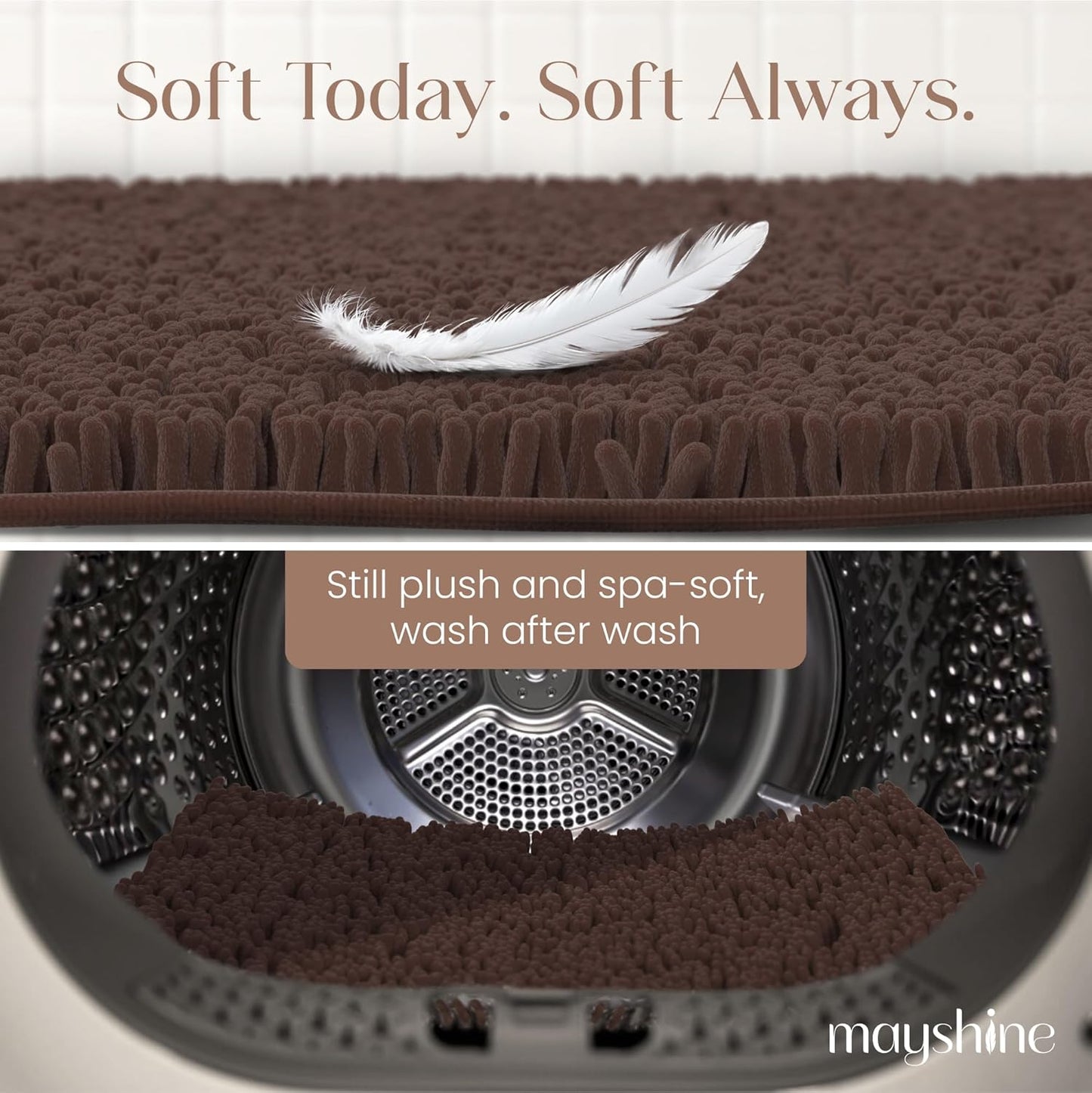 MAYSHINE Plush Shaggy Chenille Bath Mat | Extra Soft, Super Absorbent, Non-Slip Bathroom Rug | Fluffy Microfiber, Area Rug Sets for Bathroom Floor, Kitchen, Living Room | 47"x27" | Brown