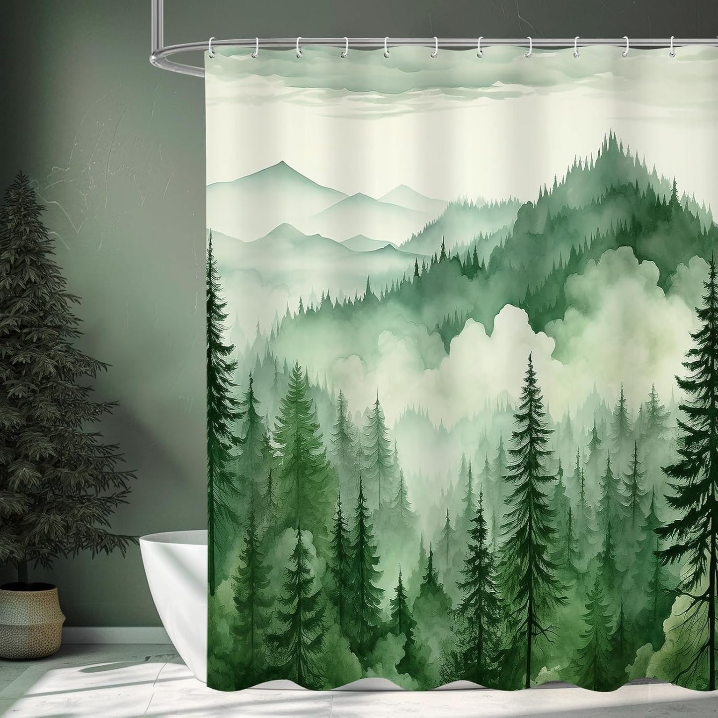 Green Extra Long Misty Pine Forest Shower Curtain 72 x 84, XL Mountain Foggy Woodland Scenery Tree Shower Curtains for Bathroom, Abstract Waterproof Nature-Themed Decor
