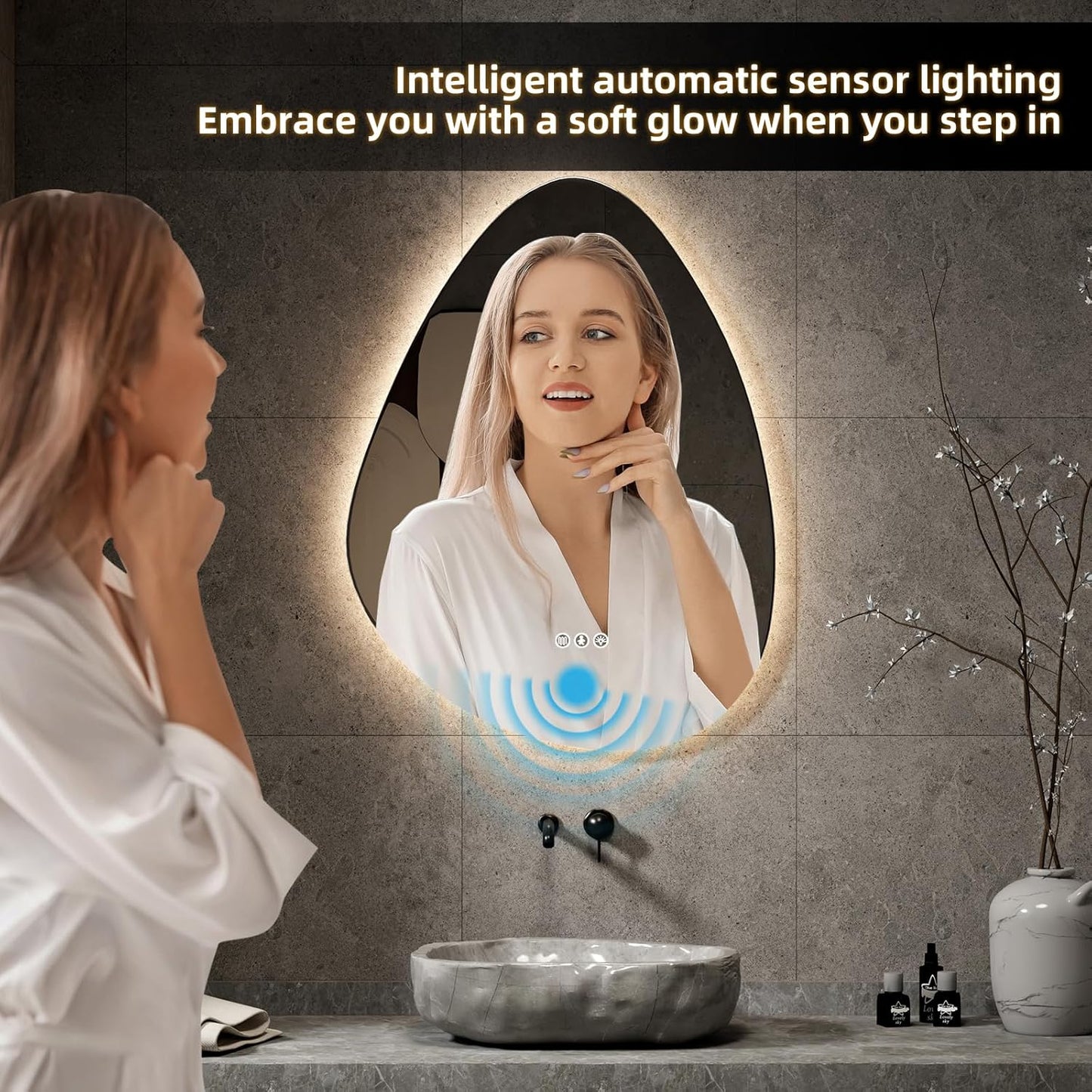 Led Mirror for Bathroom, 28"x 36" Bathroom Vanity Mirror with Lights, Human Body Sensing, Anti-Fog, 3 Colors and Dimmable, Backlit Light Up Bathroom Mirror Wall Mounted.