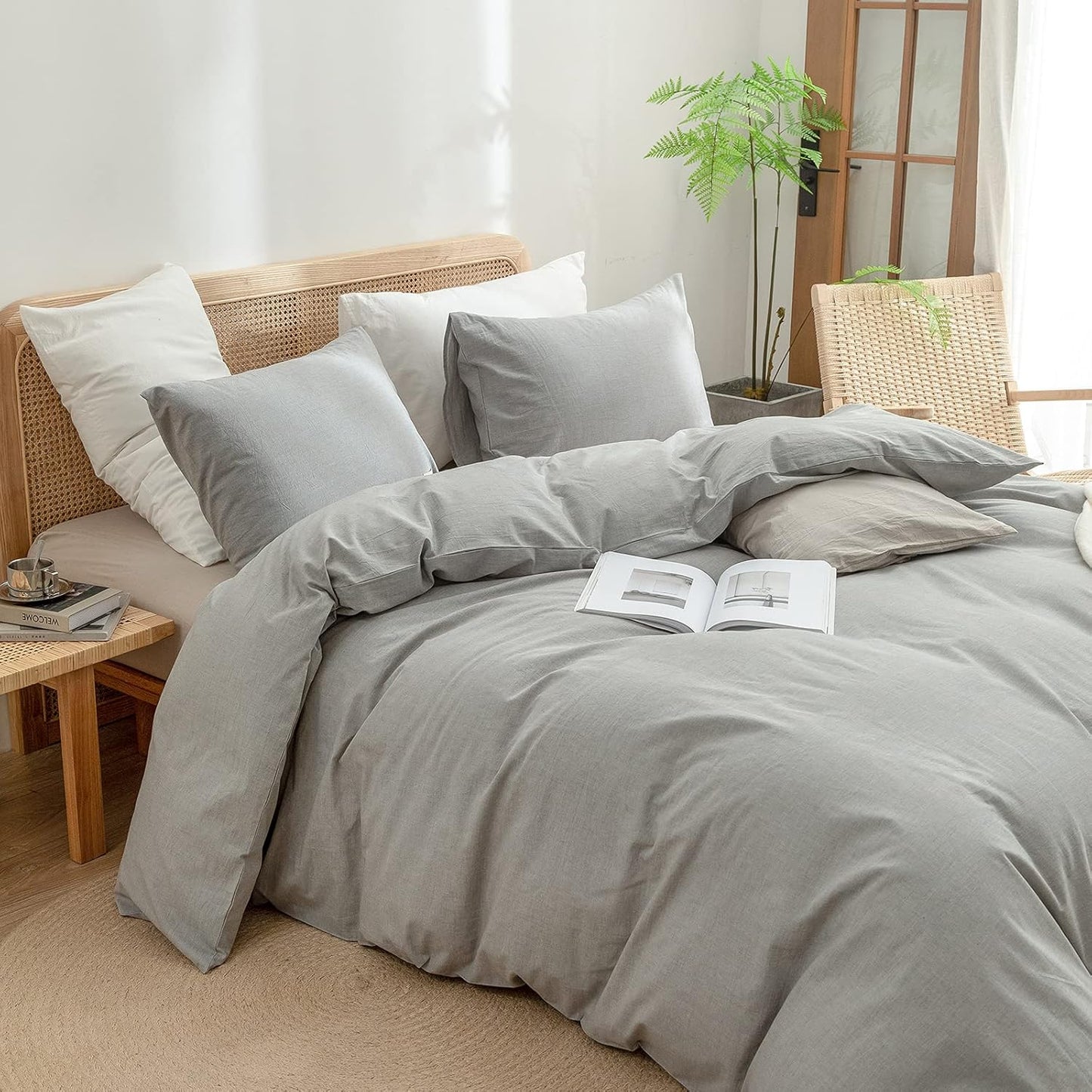 BESTOUCH Duvet Cover Set 100% Washed Cotton Linen Feel Super Soft Comfortable Chic Lightweight 3 PCs Home Bedding Set Solid Light Grey Full/Double