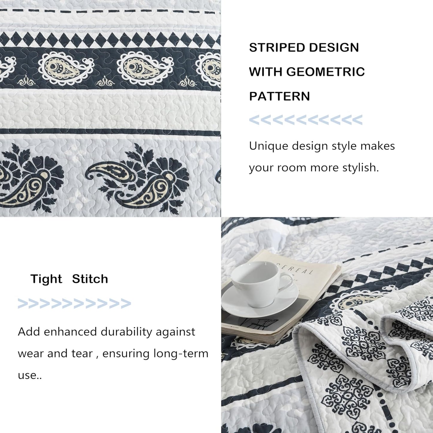 Cotton Comforter Set, Blue Quilts Queen Size, Luxury Striped Bedding Queen Size,Lightweight Reversible Bedspread 3 Piece