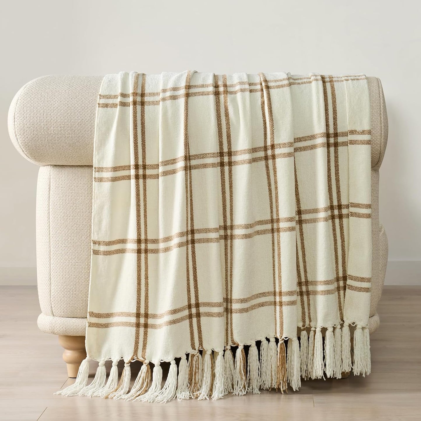EVERGRACE Plaid Chenille Throw Blanket for Couch, Super Soft Cozy Decorative Windowpane Grid Plaid Throw with Tassels, Lightweight Chenille Knit Throw for Bed Sofa Gift, Cream & Beige 50"x60"